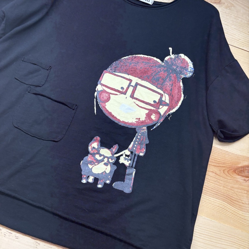 Yesno Shirt Womens‎ Large Cartoon Girl Dog Graphic Pockets Casual Tee - Picture 2 of 13
